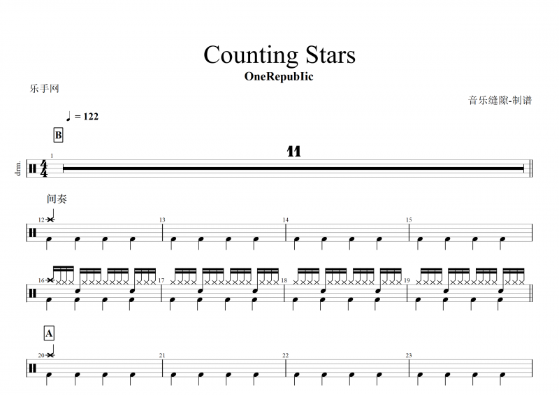 OneRepubIic-Counting Stars架子鼓谱+动态鼓谱