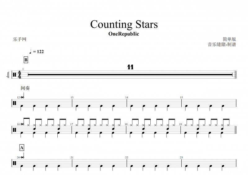 OneRepubIic-Counting Stars(简单版)架子鼓谱+动态鼓谱