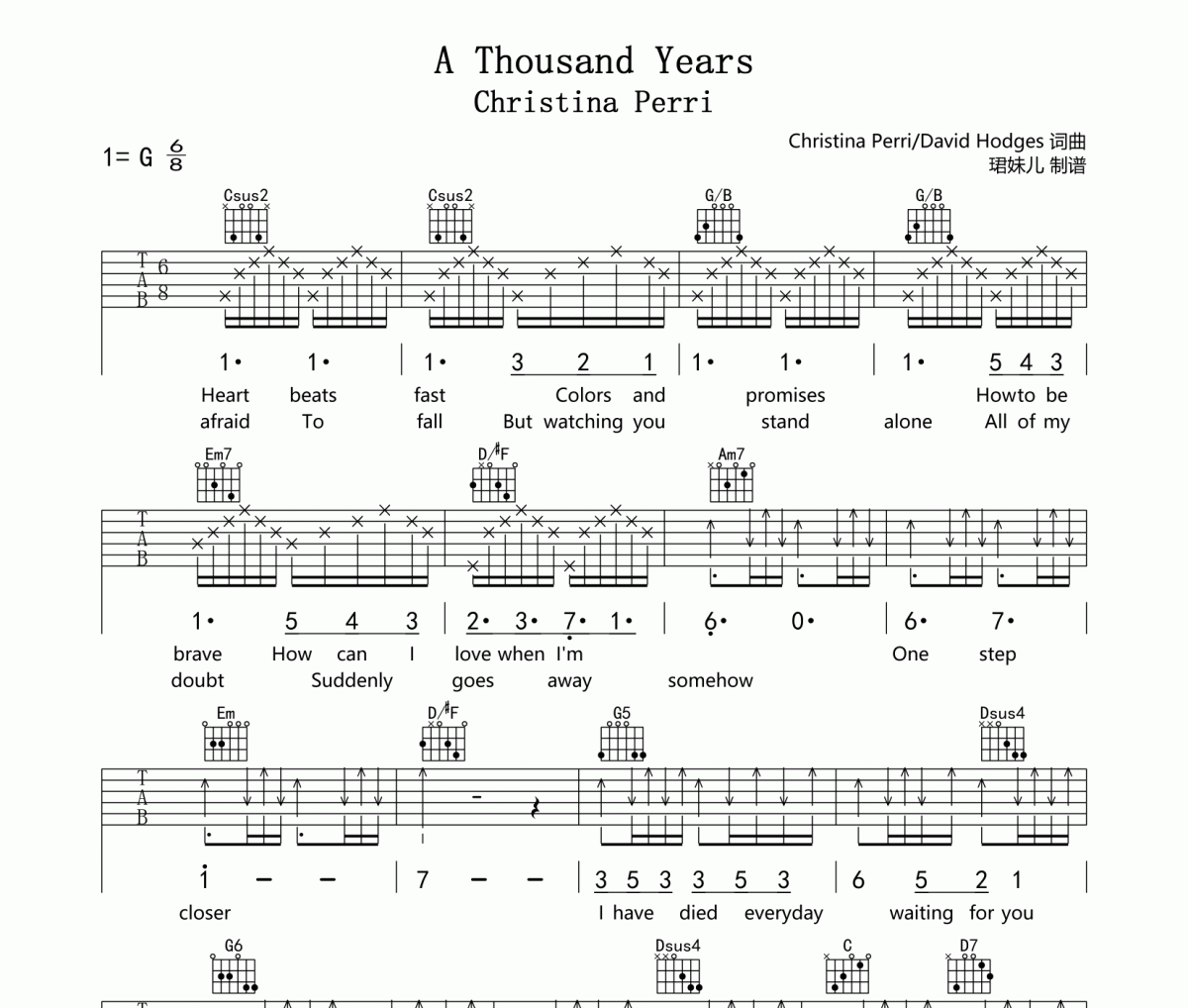 A Thousand Years吉他谱 Christina Perri-A Thousand Years六线谱