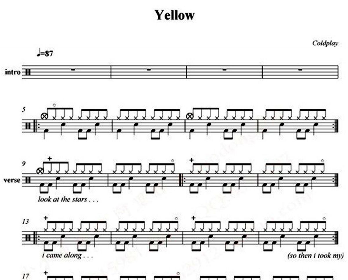 Yellow爵士鼓谱 Coldplay-Yellow架子鼓谱