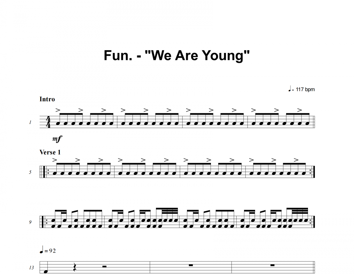 We Are Young鼓谱 Fun.《We Are Young》架子鼓|爵士鼓|鼓谱