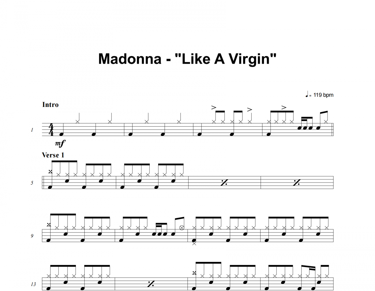 Like A Virgin鼓谱 Madonna《Like A Virgin》架子鼓|爵士鼓|鼓谱