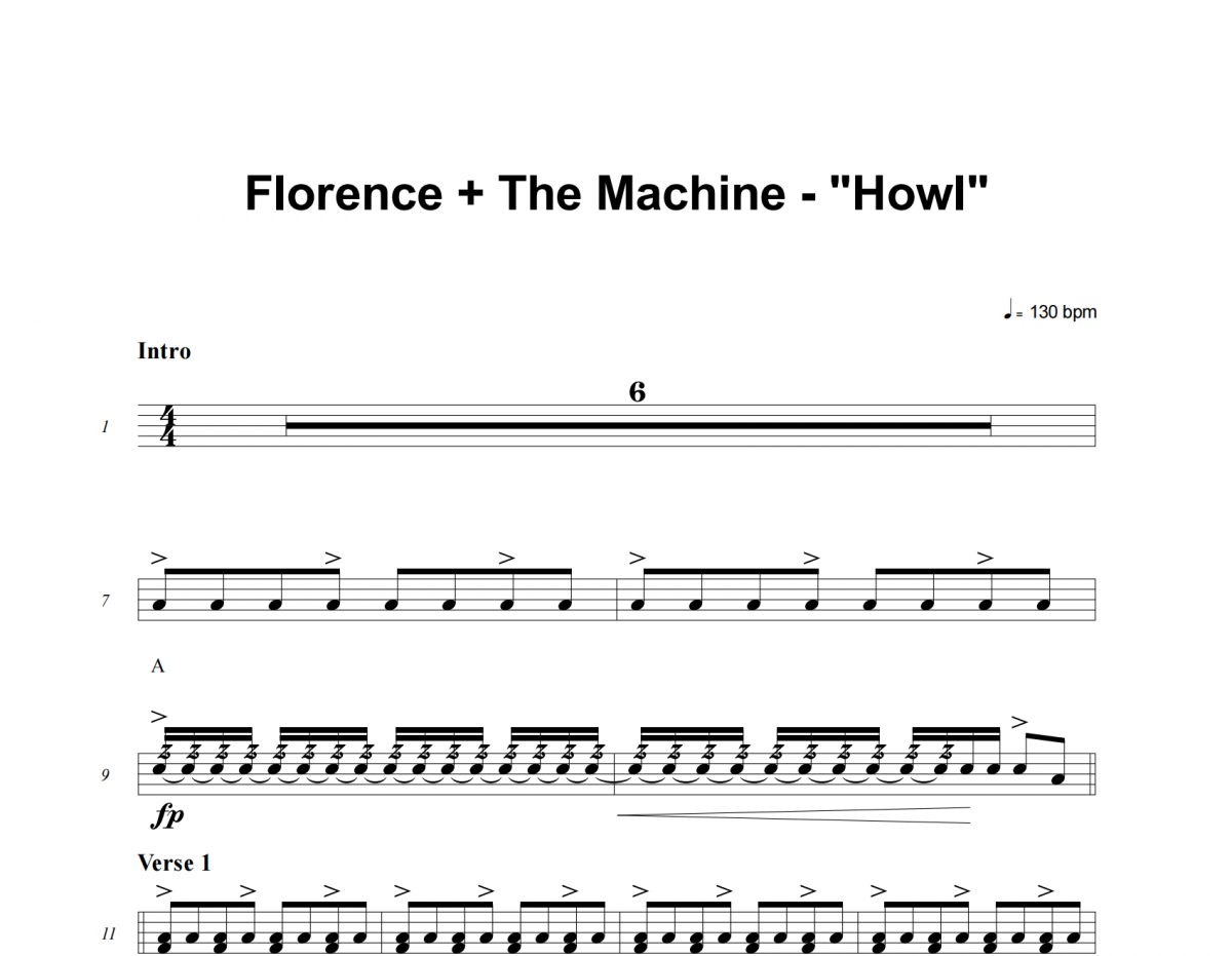 Howl鼓谱 Florence + The Machine《 Howl》架子鼓|爵士鼓|鼓谱