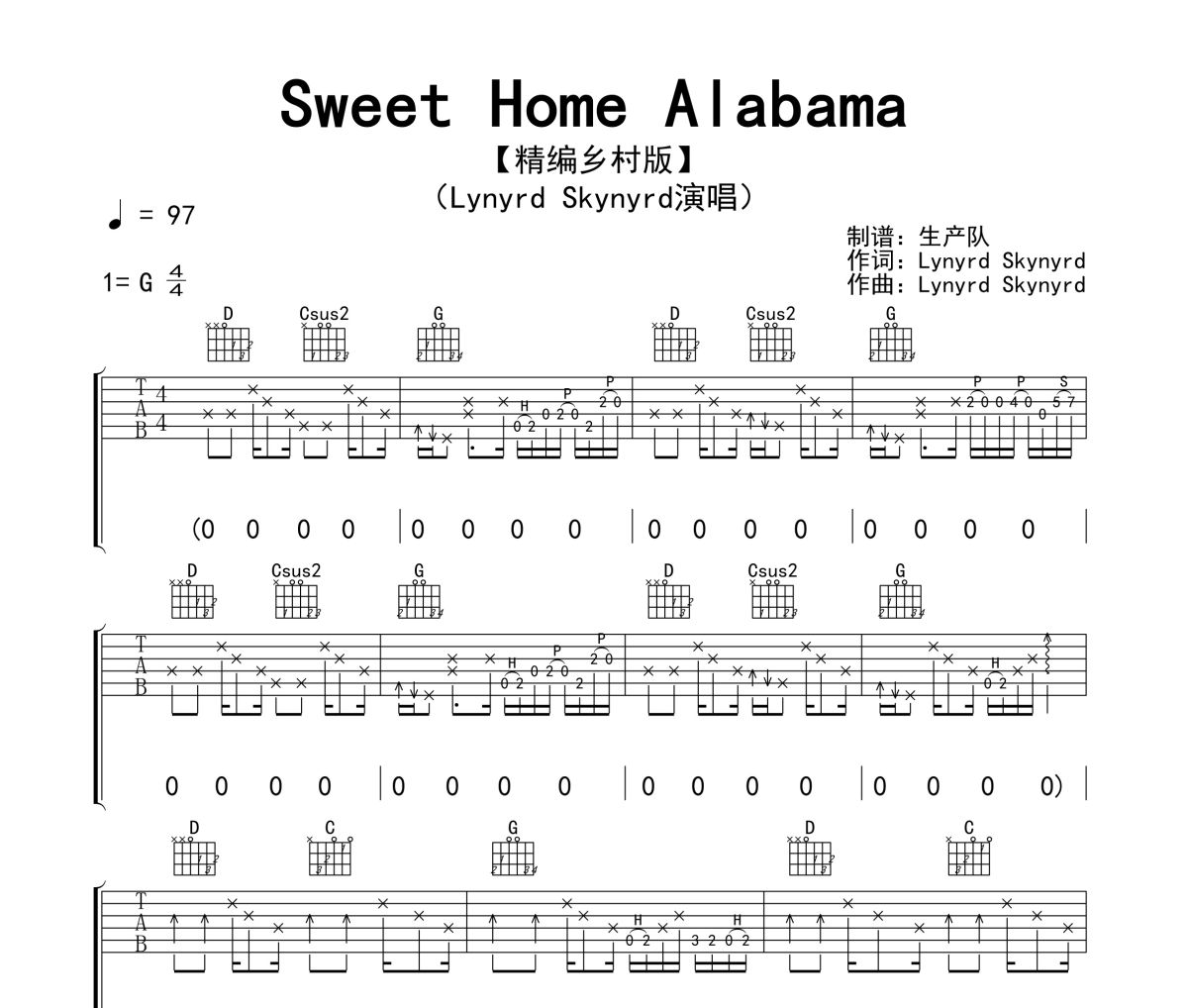 Sweet Home Alabama吉他谱 Lynyrd Skynyrd《Sweet Home Alabama》六线谱G