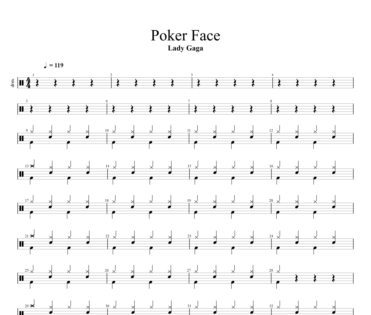 Poker Face鼓谱 Lady Gaga《Poker Face》架子鼓|爵士鼓|鼓谱+动态视频
